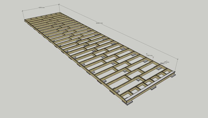 3D-ritning av trädäck i SketchUp med dimensioner, reglar, bärlinor och en frisbräda.