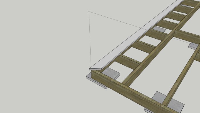 3D-ritning av ett hörn av ett trädäck i SketchUp med synliga reglar, en frisbräda och bärlinor.