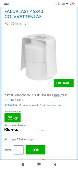 Vit golvvattenlås från Faluplast modell 45840, för 75 mm muff, presenterad på en webbsidas produktsektion.