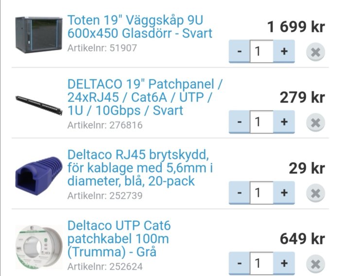 Webbshop-sida som visar nätverksutrustning inklusive väggskåp, patchpanel, RJ45 brytskydd och patchkabel.