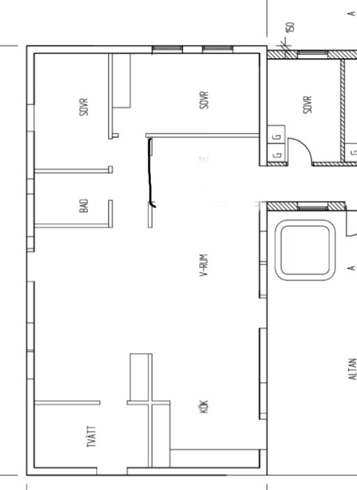 Översiktlig ritning av en bostadsplanlösning med markerad lång korridor som diskuteras för ombyggnad.