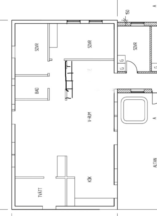 Ritning av en bostadsplanlösning som visar förslag på förvaring genom att öppna upp en garderobsvägg.