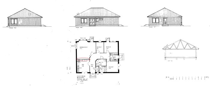 Arkitektritning av enplanshus med markerad vägg mellan kök och vardagsrum som användaren överväger att riva.