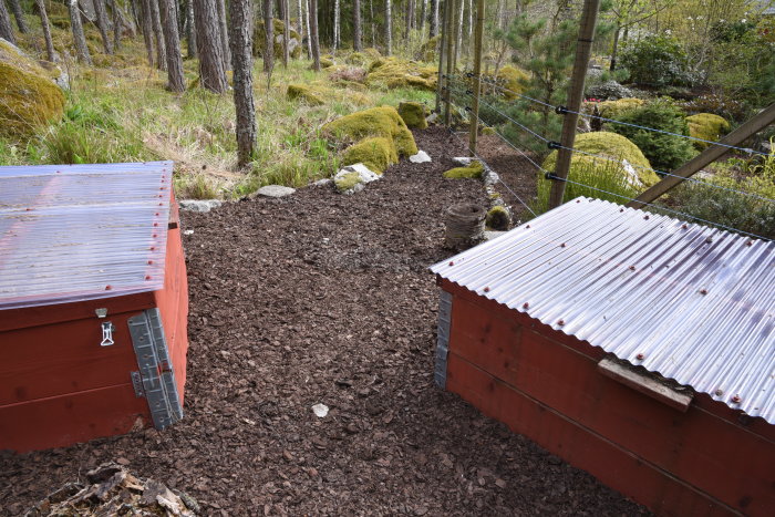 Trädgårdsområde med täckbark vid kanten av en skog, röda skjul och ett rådjursnät i bakgrunden.