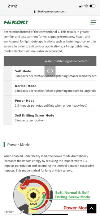 Skärmdump av en webbsida om en skruvdragares 4-stegs åtdragningslägesväljare och förklaring av Power Mode.