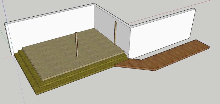 3D-skiss av altan med planerat tak och stolpar samt vit husvägg och källare.
