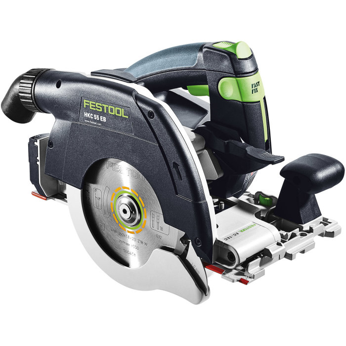 Festool HKC 55 cirkelsåg med FSK 250 linjal på vit bakgrund.