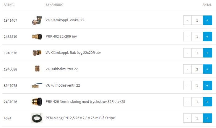 En lista med VVS-artiklar inklusive klämkopplingar och ventiler med antal och plus-minusknappar till höger.