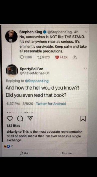 Skärmdump av Twitter-konversation om coronaviruset och jämförelse med boken "THE STAND".