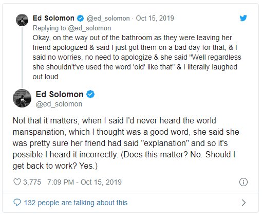 Skärmdump av Ed Solomons tweet om en konversation som rör användningen av ordet "mansplaining".