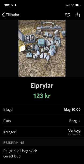 Samling av begagnade elprylar på marken, potentiellt för byggprojekt.