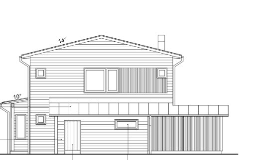 Arkitektritning av en husfasad med markerade vinklar och mått, inklusive förråd och garageport.