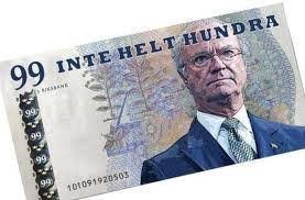 En fiktiv 99-kronorssedel med en äldre man och texten "INTE HELT HUNDRA".