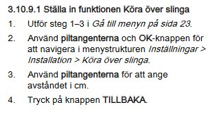 Instruktionsutdrag om att ställa in funktionen "Köra över slinga" för en trädgårdsprodukt.