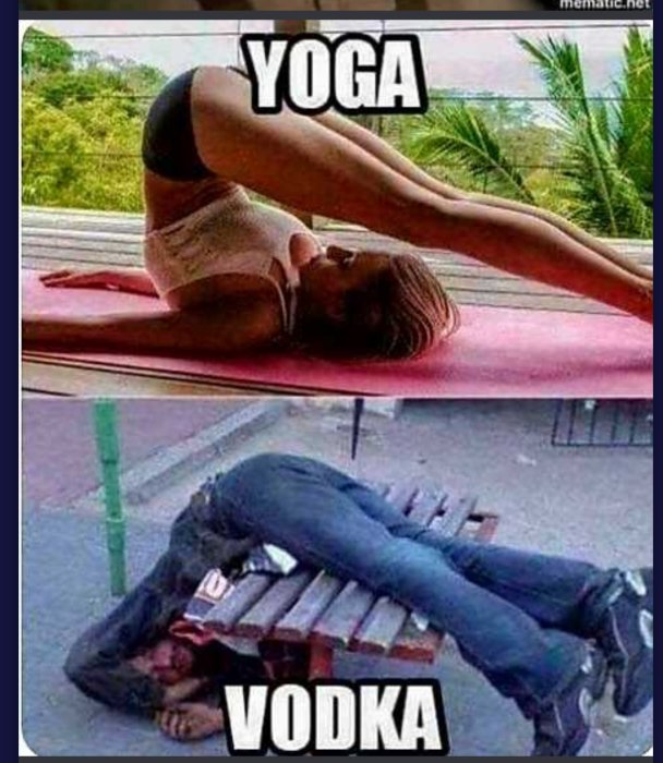 En kvinna utför en yogaövning och en man sover på en bänk, båda i liknande positioner, med ordet "YOGA" och "VODKA".