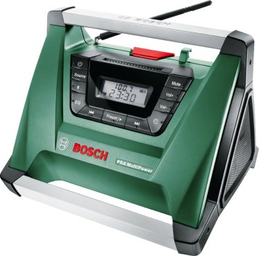 Grön Bosch PRA MultiPower byggradio med digital display, knappar för inställning och antenn.