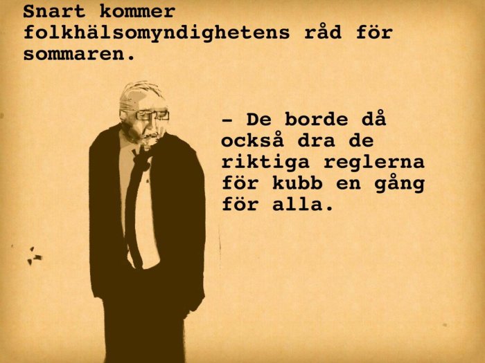 Illustrerad figur med text om folkhälsomyndighetens råd och regler för kubb.