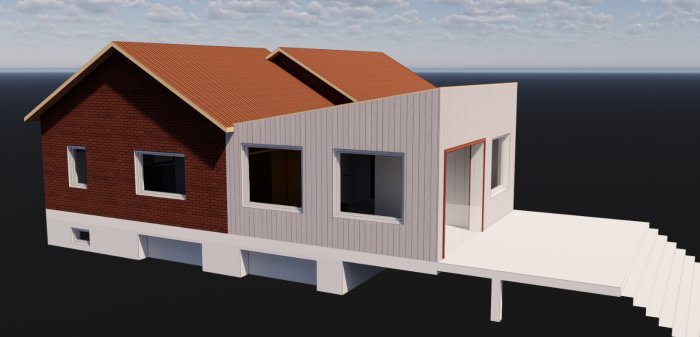 3D-rendering av ett utbyggt 60-talshus med sammansatt takstruktur och carportförslag.