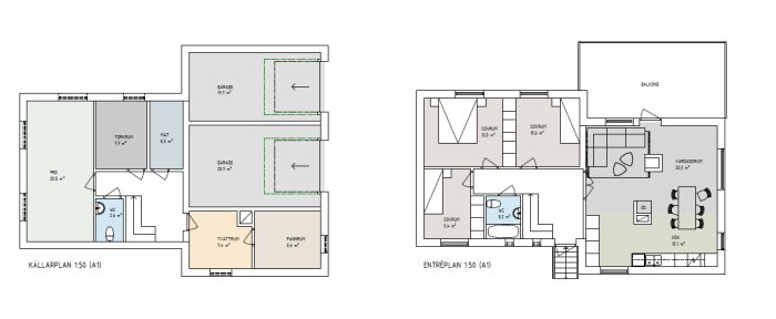 Ritningar av ett husets källarplan och entréplan från 70-talet med måttangivelser.