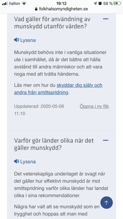 Skärmdump från Folkhälsomyndighetens hemsida om användning av munskydd utanför vården, uppdaterad 2020-05-06.