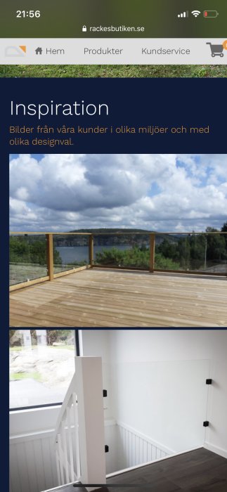 Nybyggd träterrass med oklart glasräcke med utsikt över en sjö, och en bild av ett vitt trappräcke inomhus.