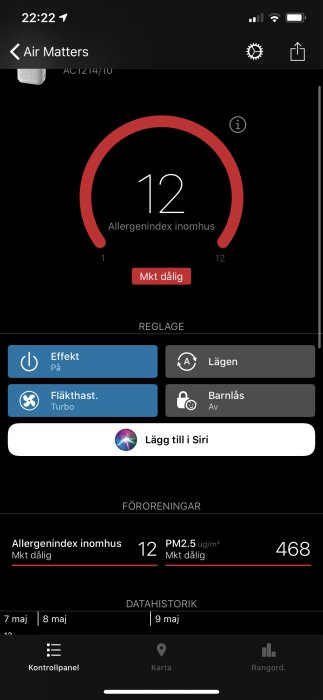 Skärmavbildning av appen Air Matters som visar ett högt allergenindex på 12 med statusen 'Mkt dålig'.