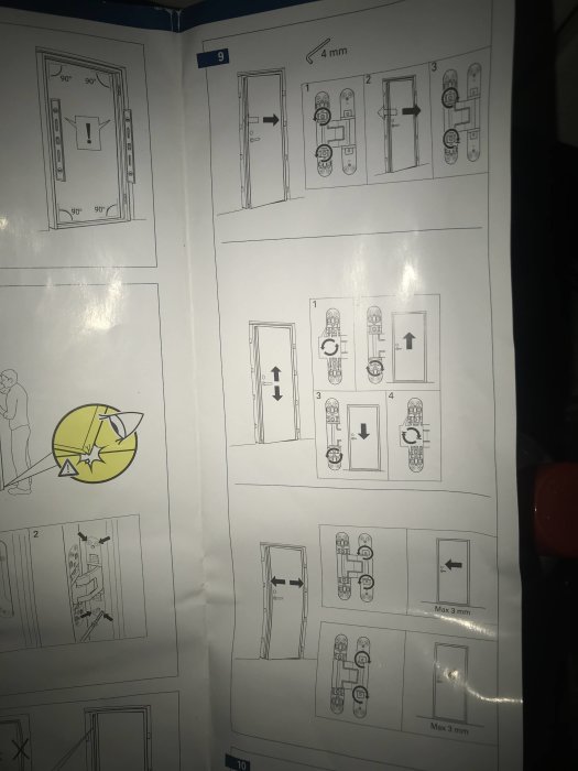 Monteringsinstruktion för dörr med indikering av 4 mm insexnyckel och justering av gångjärn.