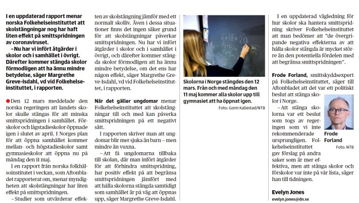 Kvinna skriver på svarta tavlan, matematikformel, i klassrum med text om skolstängningar.