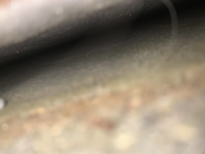 Otydligt foto som visar ett lag av sandliknande material under parkett, möjlig primer på betong.