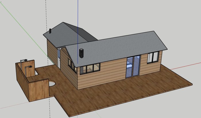 3D-rendering av en strandstuga med bastu och gästrum i Luleå skärgård, konstruerad utan tak för visning av planlösning.