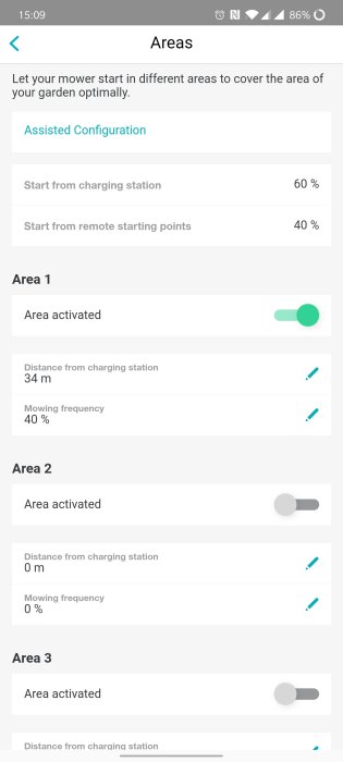 Skärmbild av inställningar för gräsklippningszoner med avstånd och klippfrekvens från laddningsstationen.