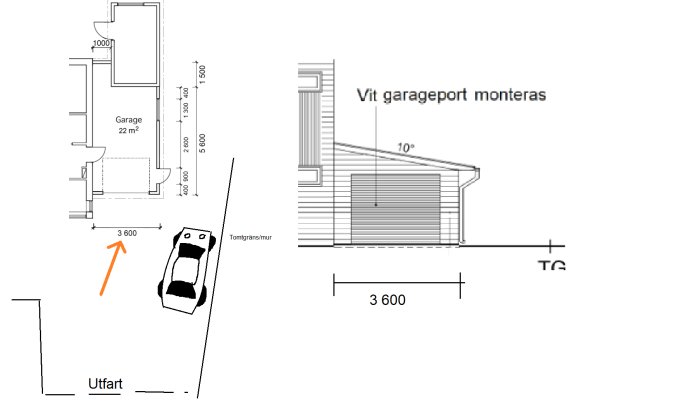 Ritning av ett garageprojekt med måttangivelser och en schematisk bil placerad till höger, markerad väg för infart.