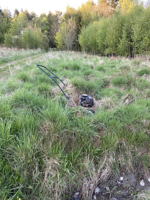 Gräsklippare övergiven i ett halvklippt, ojämnt gräsområde omgivet av skog.