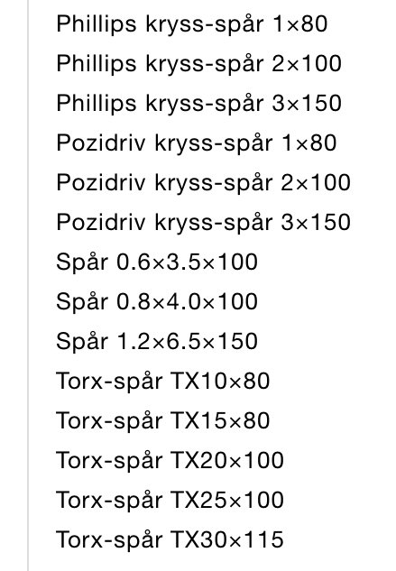 Skärmbild av en lista över olika mejslar med specifikationer för Phillips, Pozidriv, spår- och Torx-spårtyper.