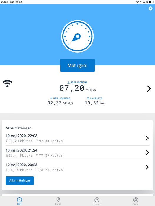 Skärmdump av internetprestandatest som visar låg nedladdningshastighet på 7,20 Mbit/s och en hög uppladdning på 92,33 Mbit/s.