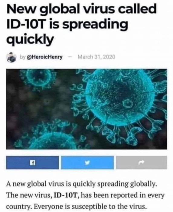 Skärmavbild av en artikel om ett påstått globalt virus "ID-10T" som sprider sig snabbt, med datum och sociala medier-ikoner.