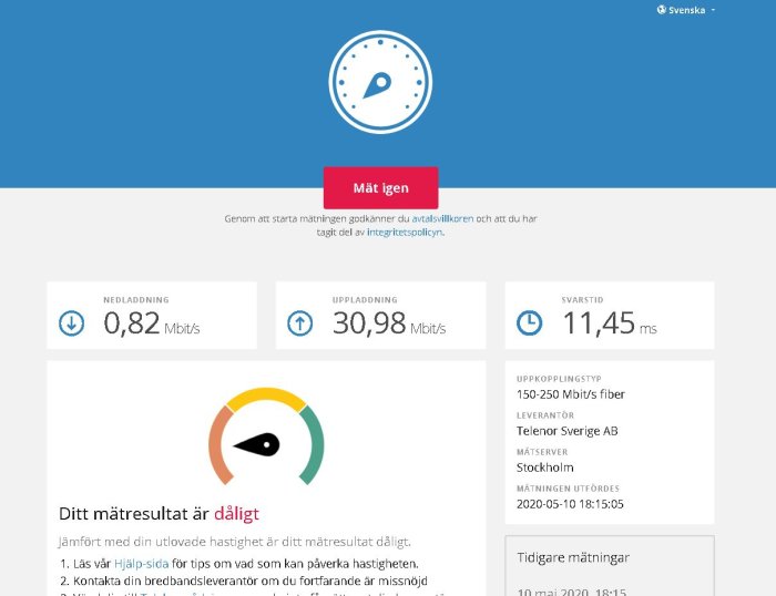 Skärmdump av bredbandskoll med låga hastigheter, 0,82 Mbit/s ner, 30,98 Mbit/s upp, 11,45 ms svarstid.