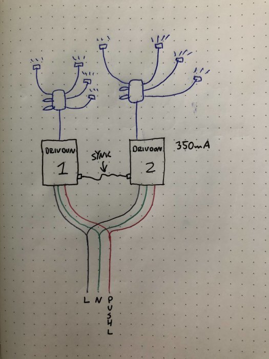 Handritad skiss av kopplingsschema för två drivdon med synkkabel, fas, nolla och push-ledningar.