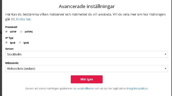 Skärmdump av internetanslutningstest med avancerade inställningar för server i Stockholm.