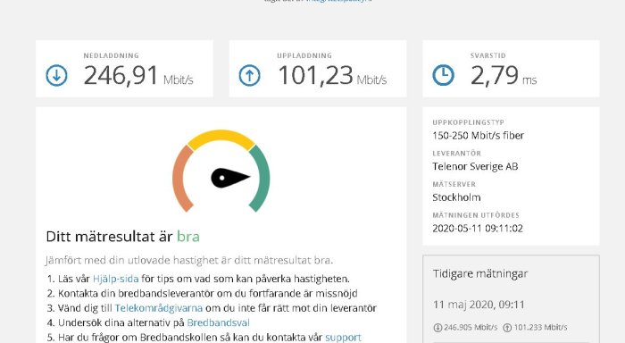 Internetanslutningstestresultat som visar nedladdningshastighet på 246,91 Mbit/s och uppladdningshastighet på 101,23 Mbit/s.