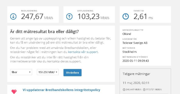 Skärmdump av bredbandshastighetstest som visar nedladdning 247,67 Mbit/s, uppladdning 103,23 Mbit/s och svarstid 2,61 ms.