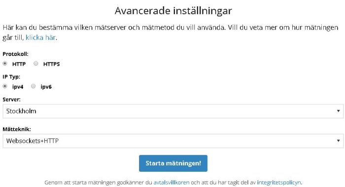 Skärmbild av nätverksmätningsverktygets avancerade inställningar med val för protokoll och server.