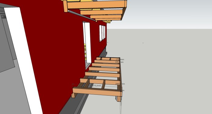 3D-ritning av farstukvists stomme med måttangivelser för planerat byggprojekt.