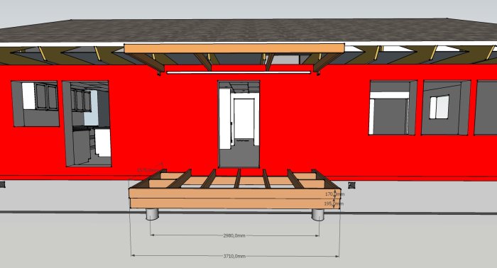 Skiss av ett hus i snitt med måttangivelser för planerat bygge av farstukvist, inklusive bärlinor och bjälklag.