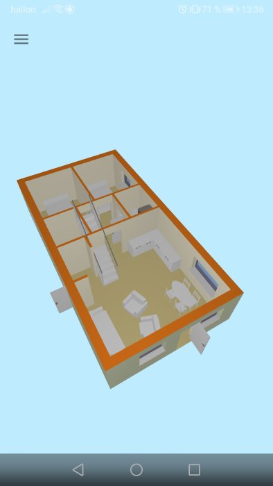 3D-modell av en lägenhetslayout visad på en smartphone-skärm.