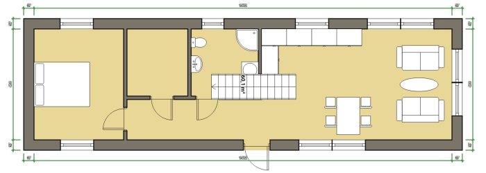 Arkitektritning av lägenhetsplan med mått och rum som visar badrum, vardagsrum och kök.