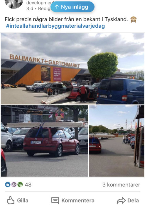 Parkeringsplats utanför byggmarknad i Tyskland och bil med långa brädor på taket.