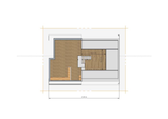 Arkitektonisk ritning av en våningsplan med mått, pelare och extra vilplan föreslaget.