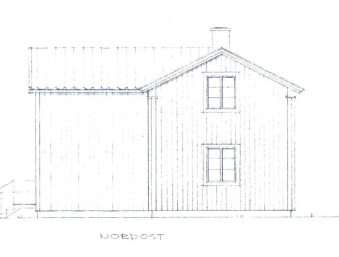 Ritning av ett 60-tals hus i Västerbottensgårds-stil, visar fasaden med planerad utbyggnad.