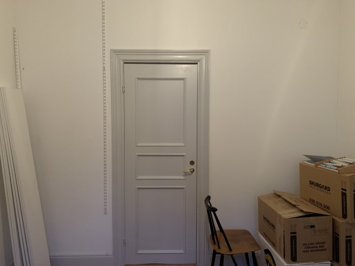 Vit vägg med stängd dörr omgiven av mätplatser för elfa hyllsystem på gipsskiva.